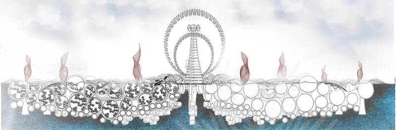Section drawing of pods supported above water with a ferris wheel and latticed towers