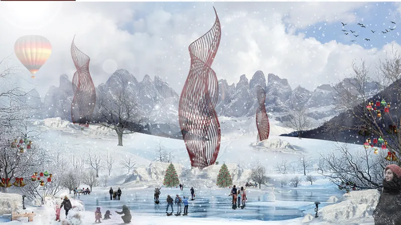 Latticed sculptural towers rising from a frozen lake with visitors ice skating in snowfall