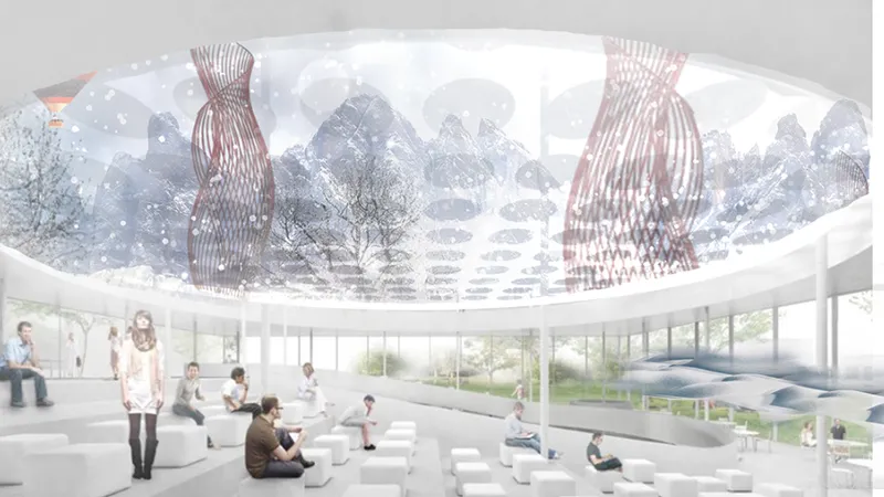 Circular skylight view with latticed timber structures and visitors seated on white blocks below