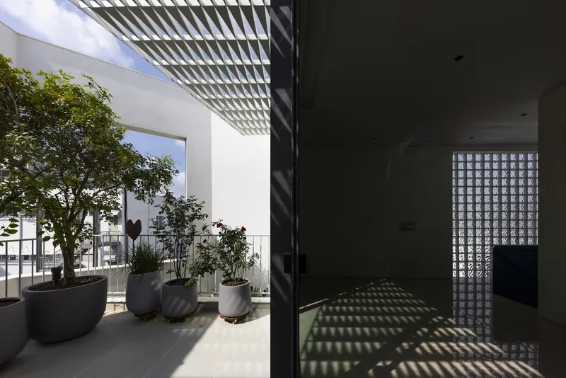 Rooftop terrace with slatted pergola casting shadows across potted plants and perforated screen wall