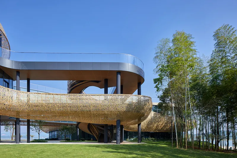 Sinuous metallic bridge connecting elevated volumes on dark columns among birch grove