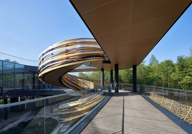 Timber deck walkway leading to coiled staircase under projecting soffit in afternoon light