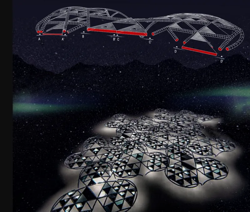 Diagram illustrating the modular three-lobed roof plan floating above the illuminated structure against a night sky