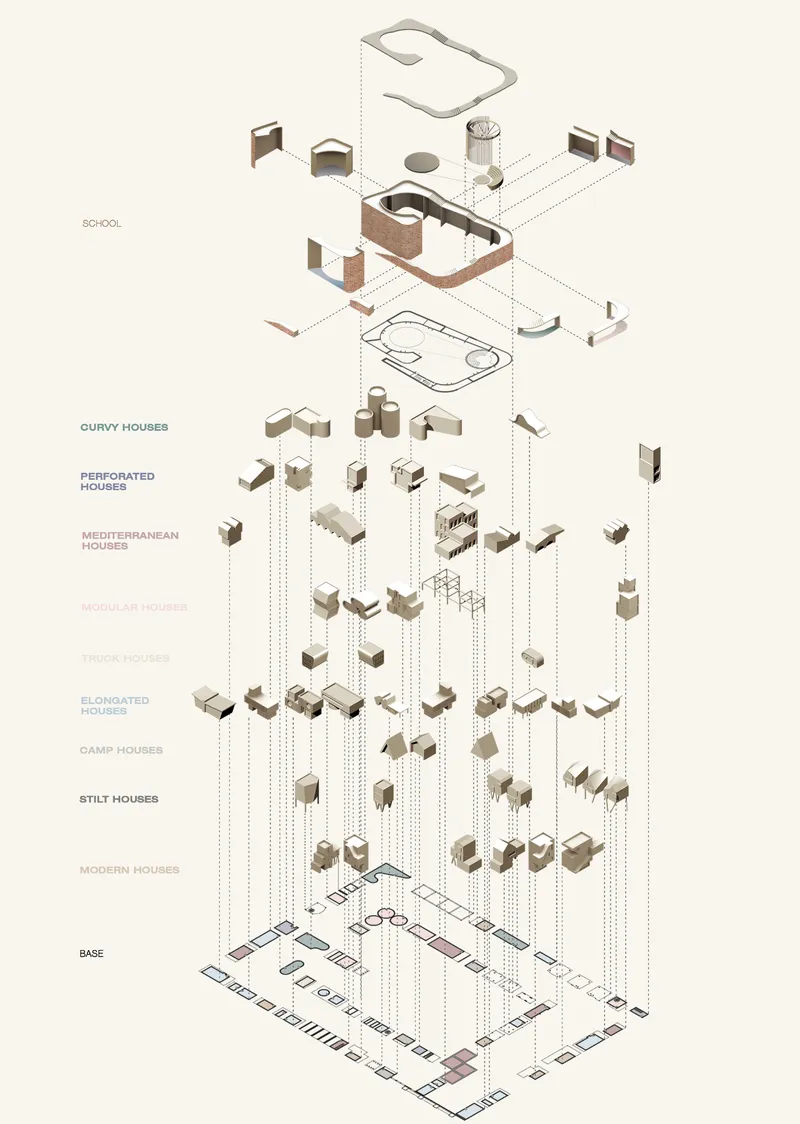Exploded axonometric drawing showing vertical layering of architectural typologies from base plan to roof forms