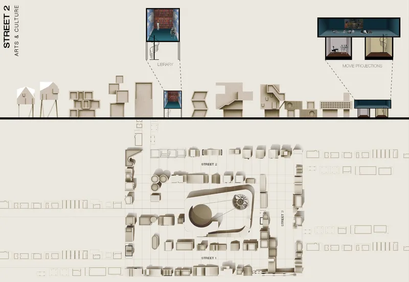 Elevation and site plan drawing showing street frontage with highlighted library and movie projection spaces