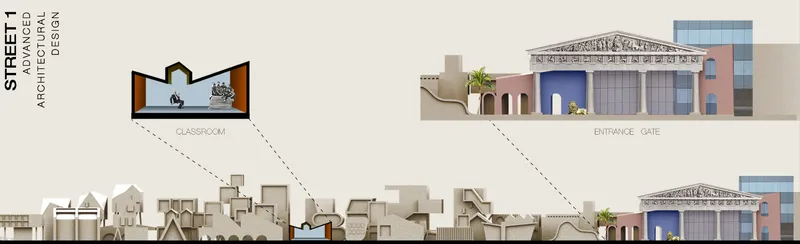 Elevation drawing featuring sectional classroom view and arched entrance gate along a varied roofline