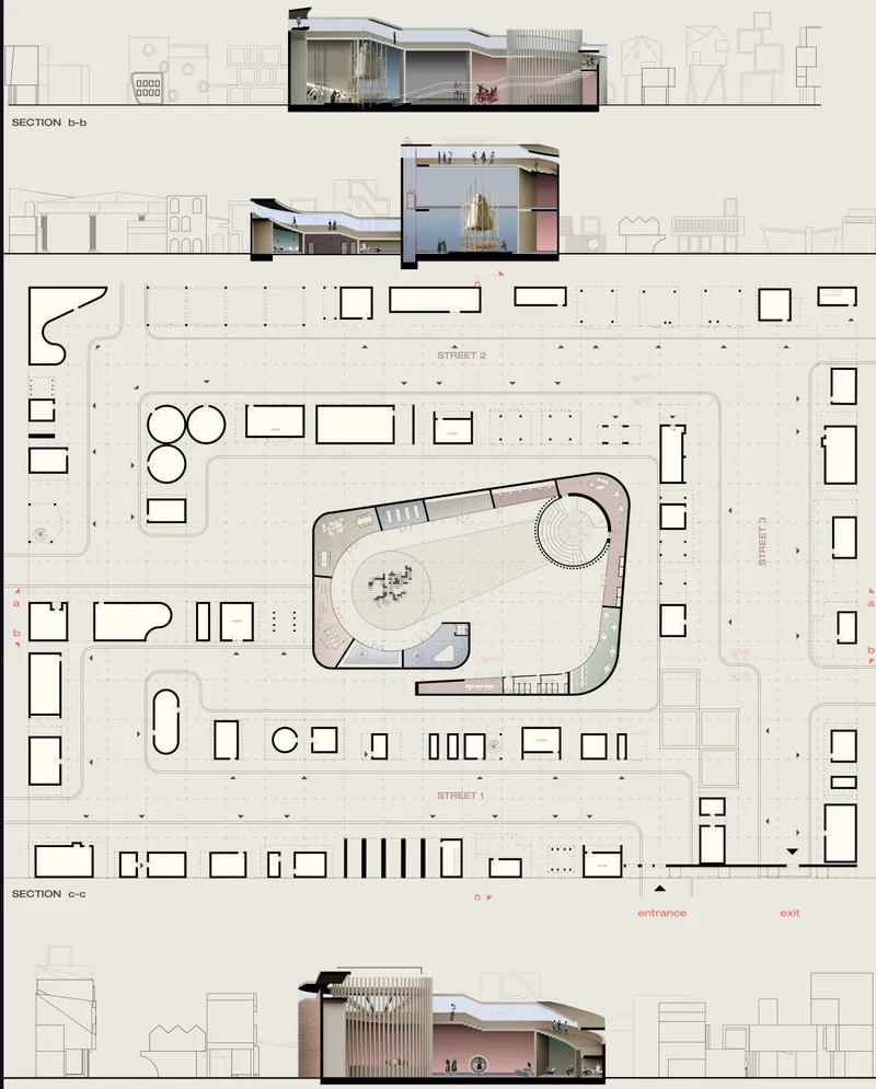 Site plan with embedded section drawings showing a curved building form among rectilinear urban blocks