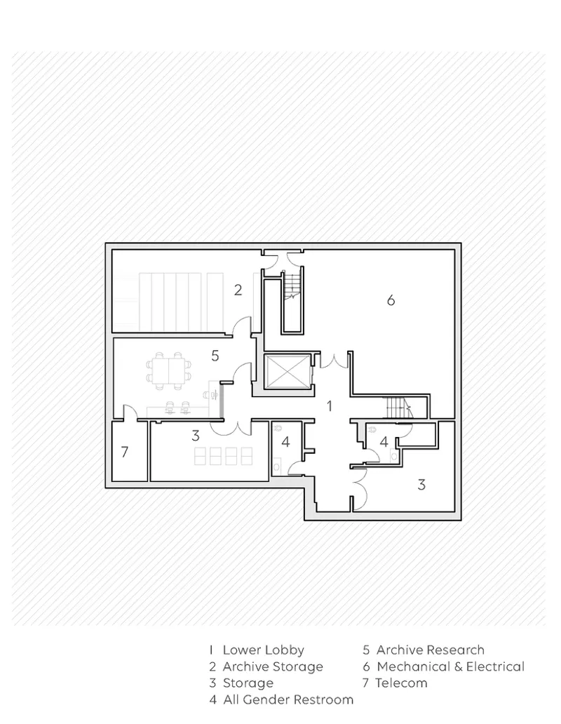 Floor plan drawing showing lobby, archive storage, research room, mechanical spaces and restrooms with labeled room numbers