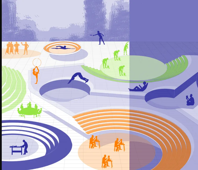 Axonometric drawing showing curving terraced amphitheaters and circular pools with silhouetted figures throughout