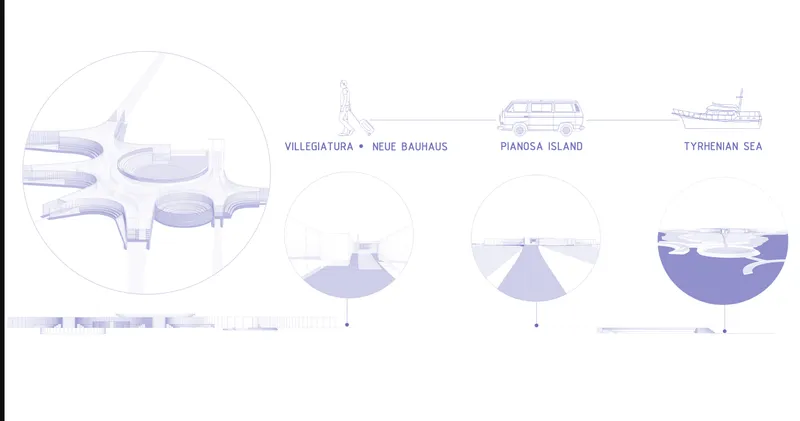Diagram showing plan views at different scales with references to island and sea contexts