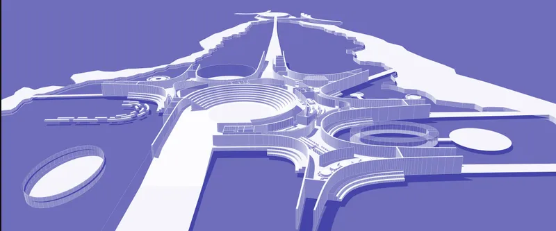 Aerial axonometric view of a sprawling complex with concentric circular volumes set in a hillside landscape