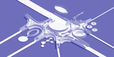 The image presents an axonometric architectural diagram, showcasing a futuristic and conceptual desi