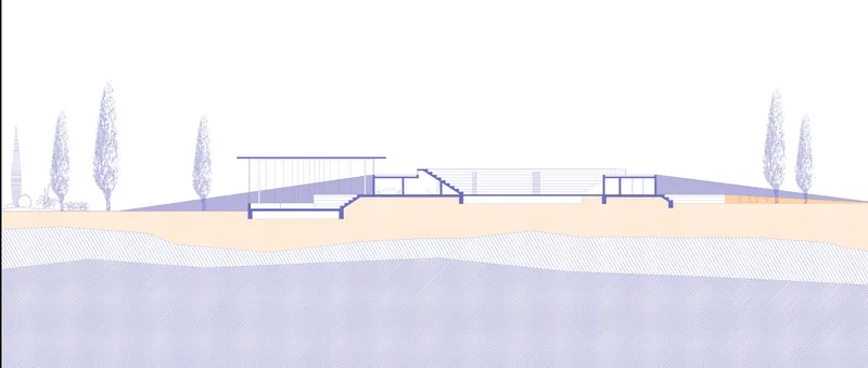 Section drawing showing the underground structure with stairs descending below grade flanked by trees