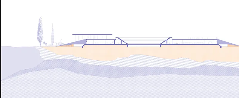 Section drawing revealing the buried volumes beneath an undulating ground plane with distant trees