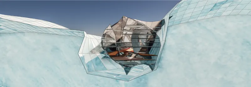 Aerial view of faceted glass volumes converging around a central transparent glazed core under clear sky