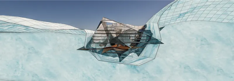 Drone perspective showing the transparent pyramidal center connecting three curved glass roof shells