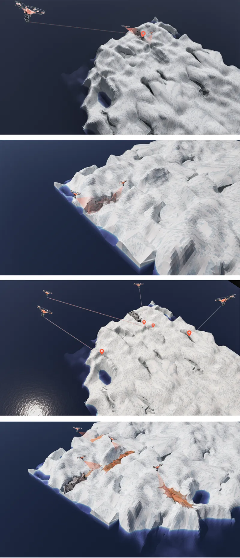 Series of rendered site models showing topographic massing with exposed interior volumes in different viewpoints