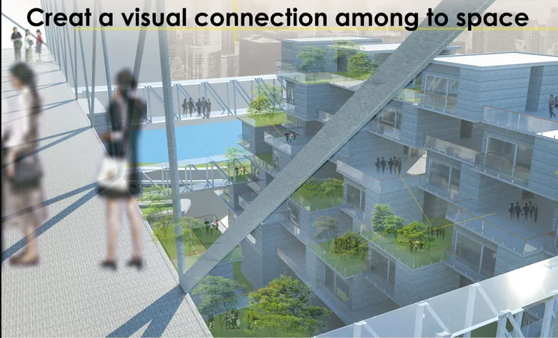Aerial view of terraced volumes with planted balconies and pedestrian bridges connecting multiple levels