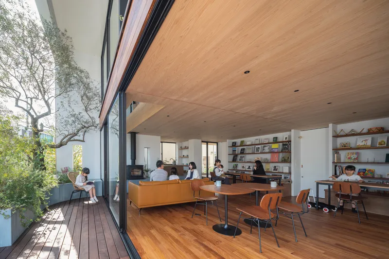 Open-plan living space with timber ceiling and adjacent wooden deck framed by mature tree branches