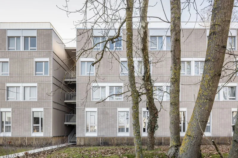 Facade of grey panel cladding and white-framed windows behind a timber slatted fence and bare winter trees