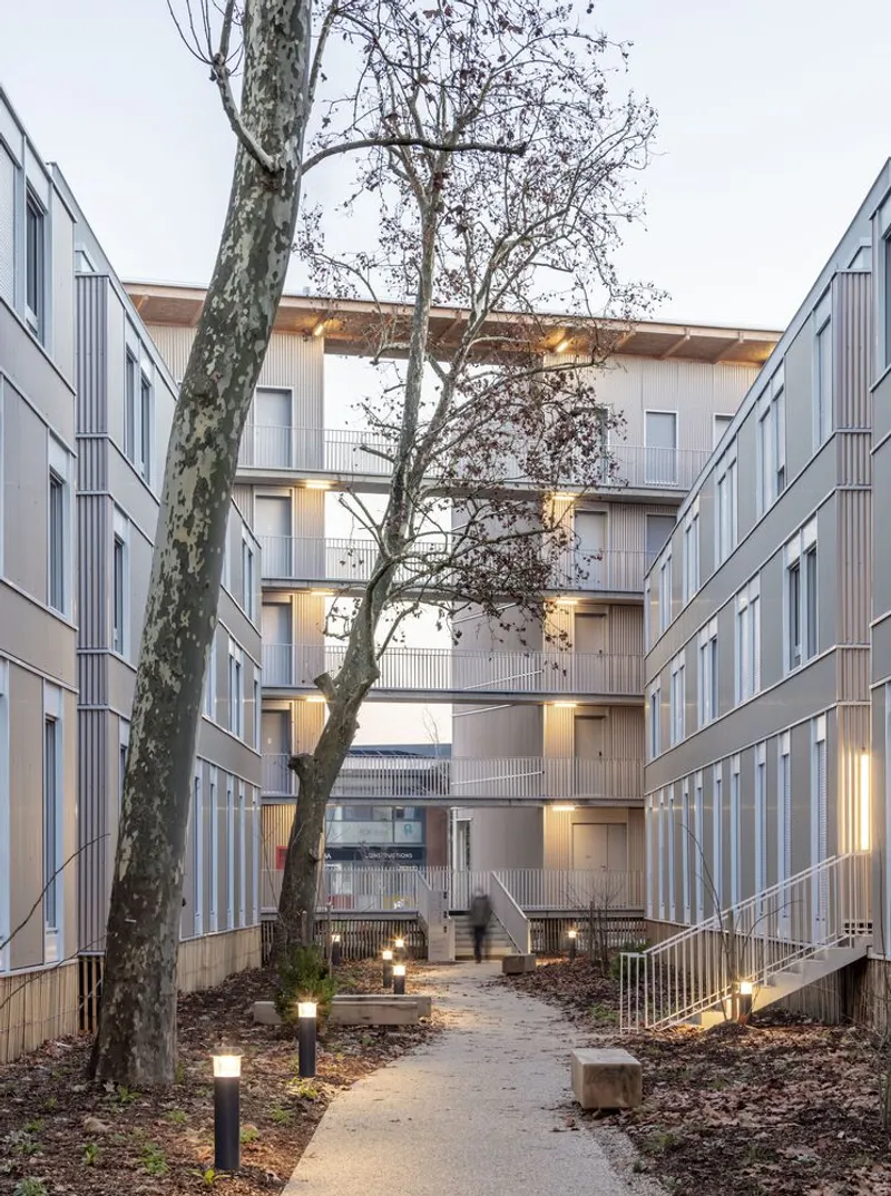 Courtyard pathway at dusk with lit units flanking both sides and a bare tree in the foreground