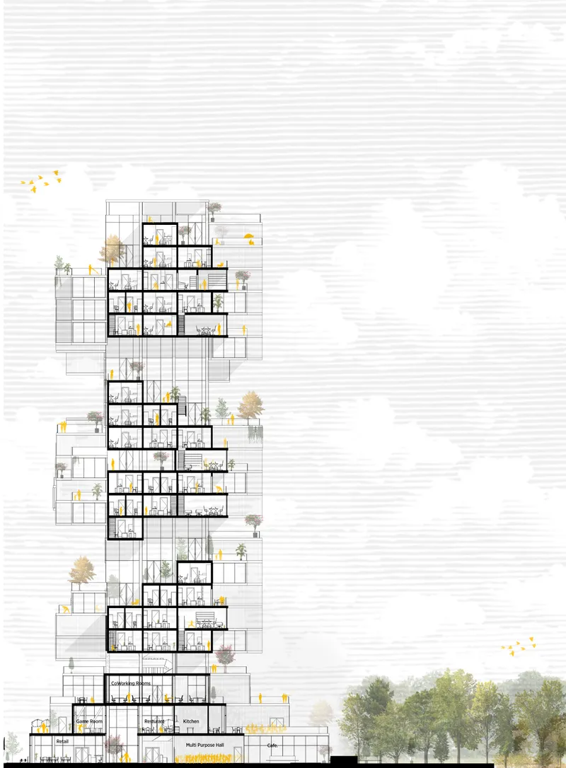 Vertical Section – A detailed sectional view showcasing the modular arrangement and spatial connectivity.