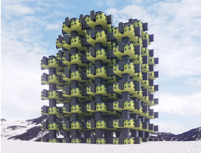 Stacked modular tower with yellow and grey interlocking units set in a snow-covered mountain landscape