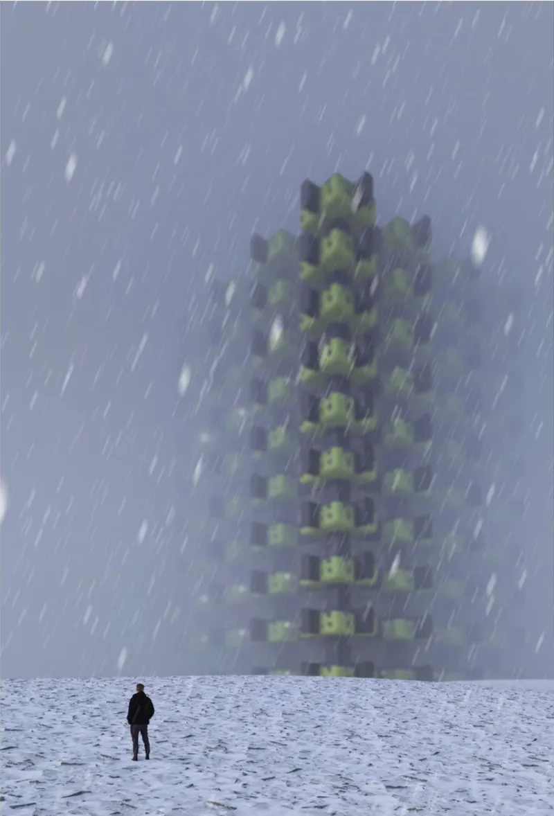 Distant view of the vertical structure obscured by heavy snowfall with a lone figure standing in the foreground