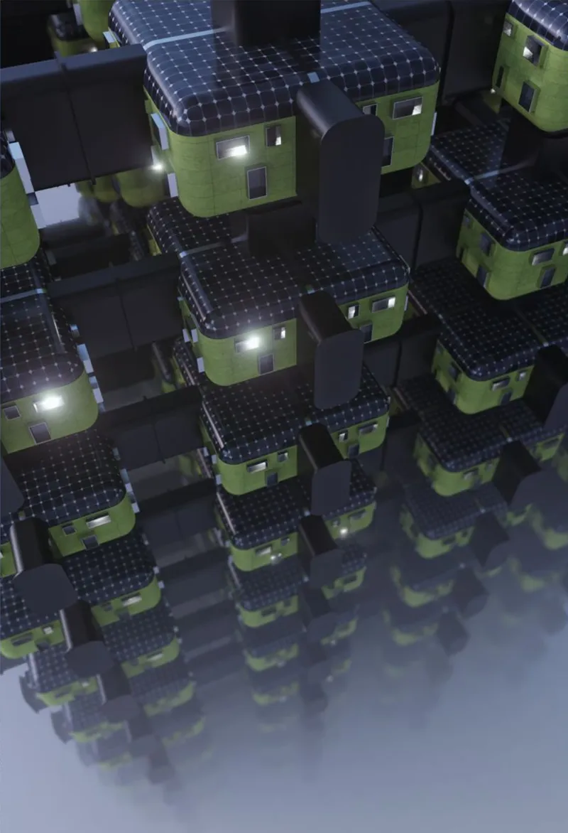 Night view of clustered yellow housing units with solar panel roofs and illuminated windows