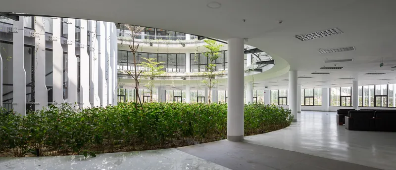 Open interior space with circular columns and planted hedge beds facing courtyard through floor-to-ceiling glazing