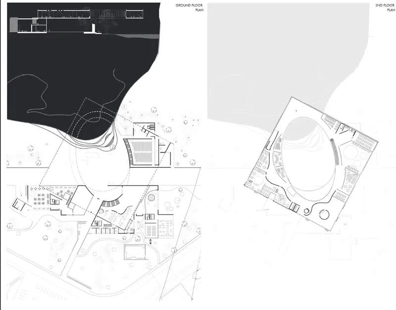 Floor plan drawings showing ground level with water body and second floor with oval void