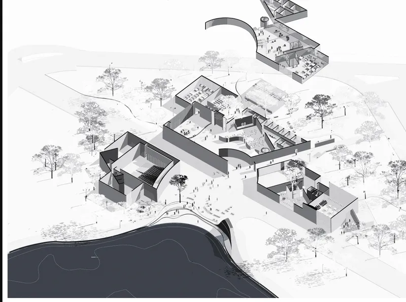 Axonometric drawing showing interconnected volumes arranged around a central water body with scattered trees