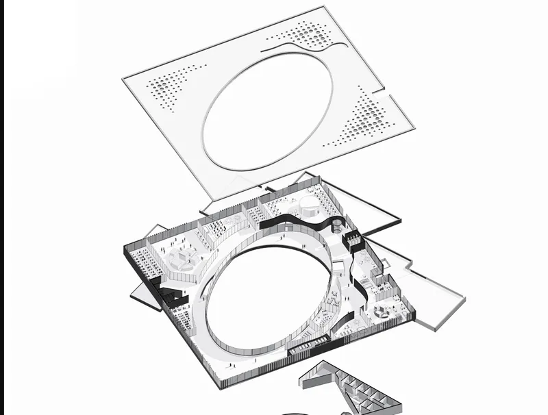Exploded axonometric drawing revealing the roof plan and ground floor layout around an oval courtyard