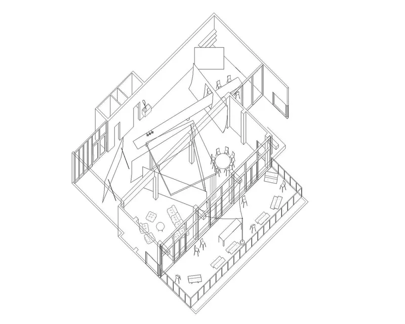 Axonometric drawing showing an interior gallery space with angled partitions and seated figures