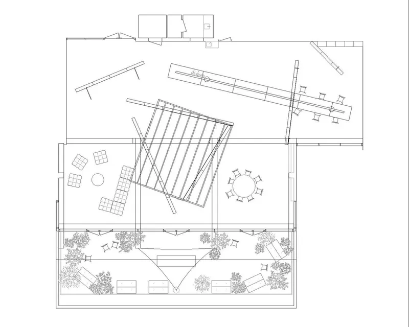 Floor plan drawing showing angled interior volumes with a central stairwell and landscaped courtyard below