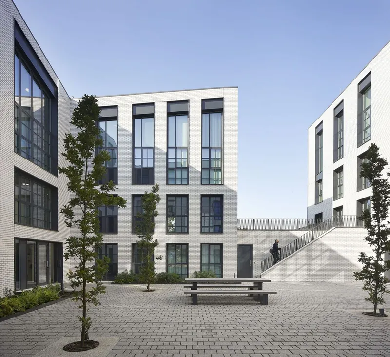 Courtyard with paver surface, timber benches and young trees flanked by white brick facades with dark windows