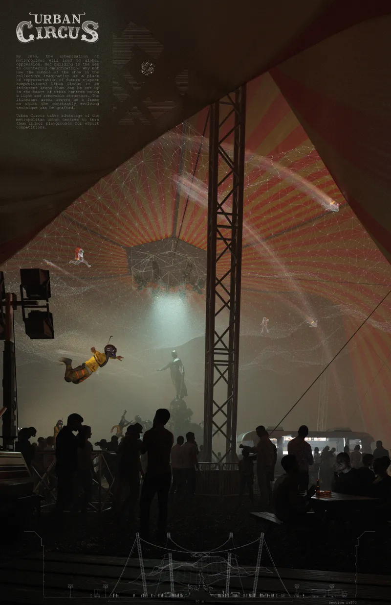 Interior view of vaulted ceiling with projected circus stripes and an acrobat in flight above the crowd