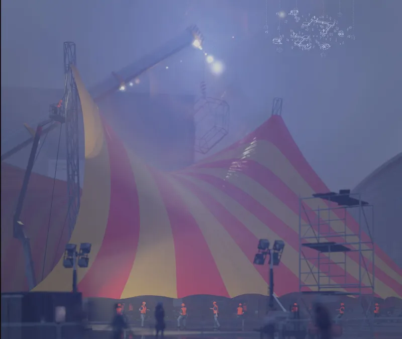 Exterior view of the tent-like striped canopy structure in evening fog with pedestrians below