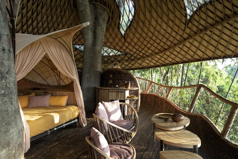 Curved timber deck with thatched shell roof opening, rattan chairs, and yellow bedding visible inside draped alcove