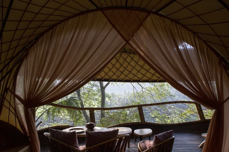 Interior lounge area framed by sheer curtains opening to curved balcony with trees visible through timber railing