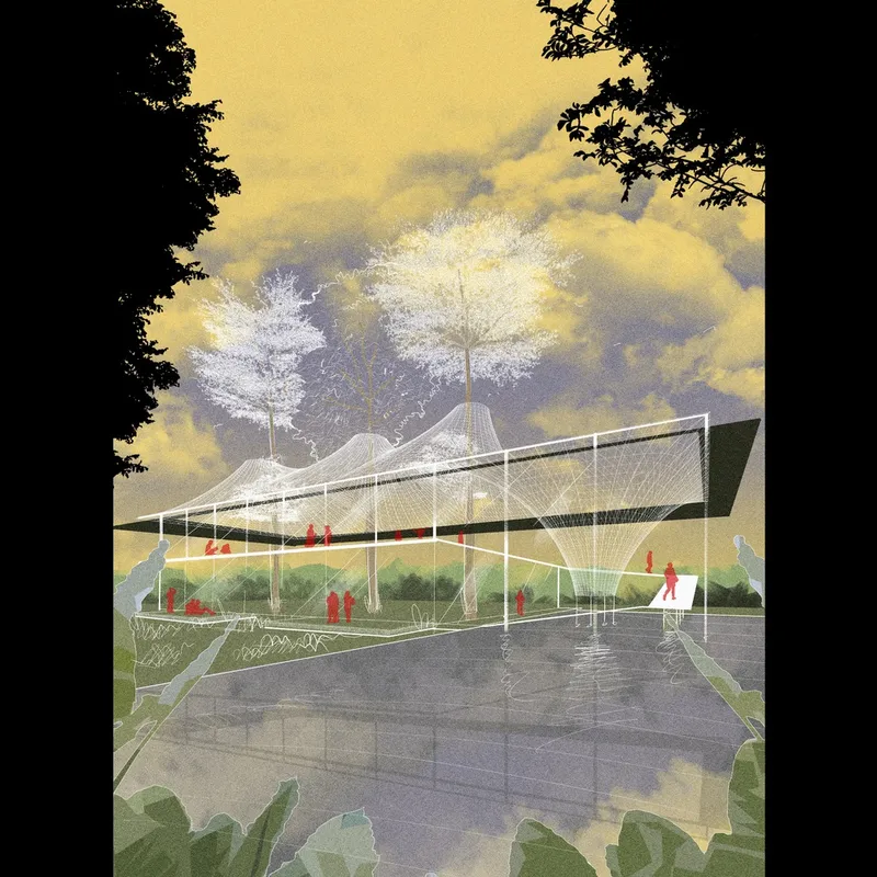 Perspective rendering showing the pavilion with tensile roof structure among trees and illustrated figures at twilight