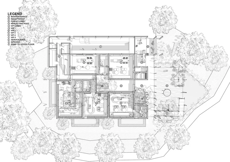 Floor plan drawing showing library spaces arranged around courtyards surrounded by trees