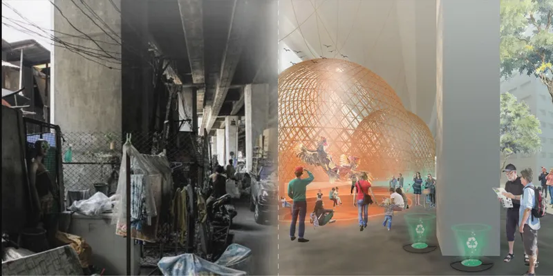Split rendering showing underpass transformation from informal settlement to woven bamboo pavilions with people gathering