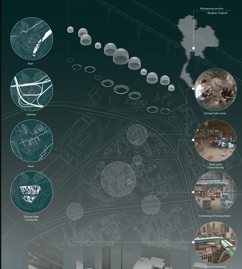 Site plan drawing with circular detail callouts linking infrastructure elements to photographs of community activities