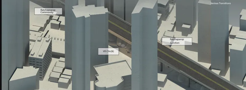 Axonometric view of elevated highway intersection with labeled urban districts and transportation infrastructure below