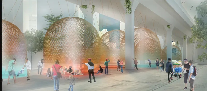 Interior perspective of woven bamboo dome pavilions beneath concrete highway columns with people and hanging plants