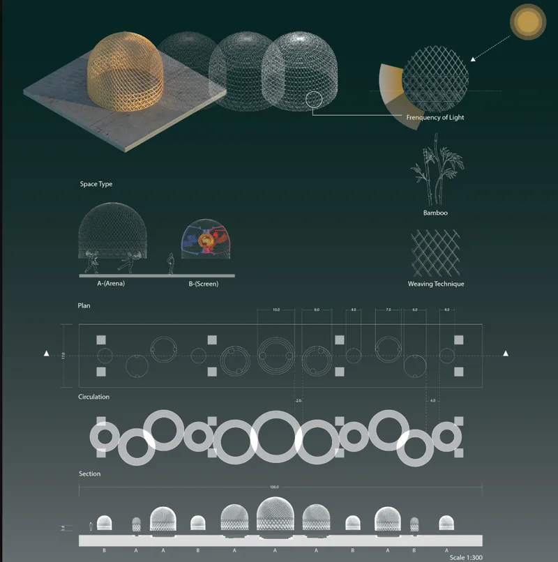 Technical drawing sheet showing dome pavilion construction details with plan, section, elevation and material specifications