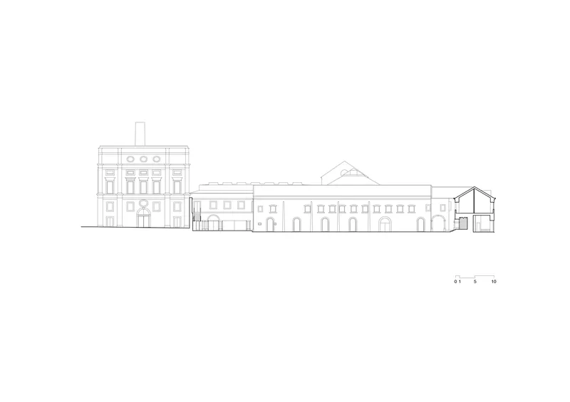 Elevation drawing showing a three-part complex with tower, arcaded wing, and gabled end pavilion