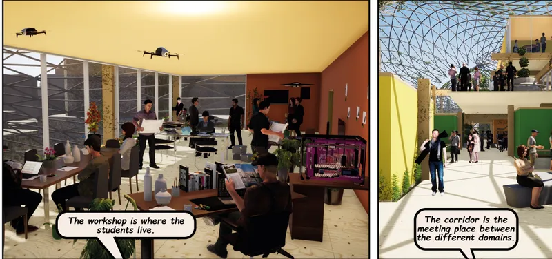 Interior rendering of a studio workspace with yellow ceiling planes and views to planted terraces