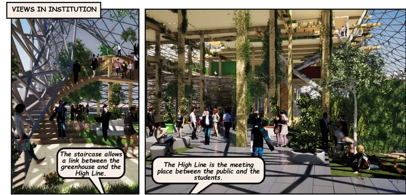 Interior rendering showing timber columns wrapped with vegetation beneath a triangulated geodesic roof structure